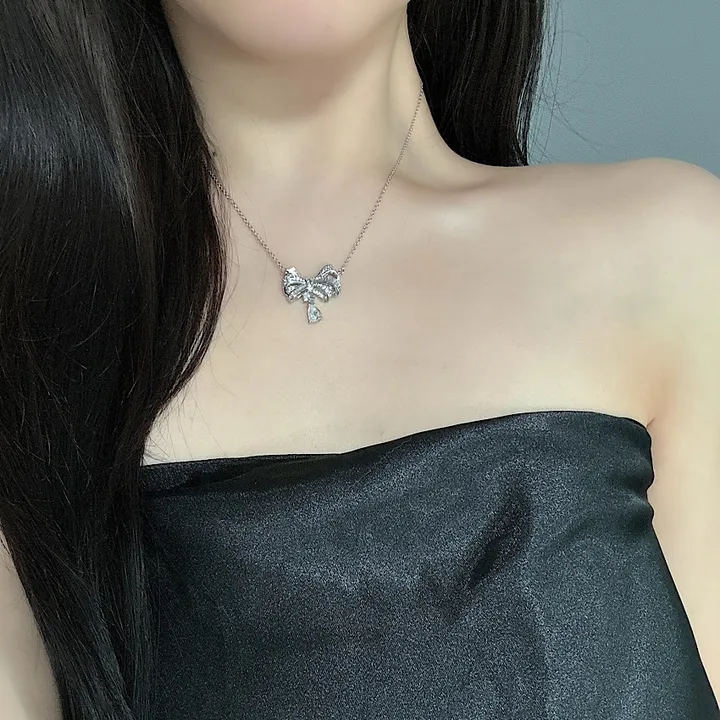 오늘출발/high quality 18k 리본 파베  다이아 드롭 네크리스 상세 이미지 7