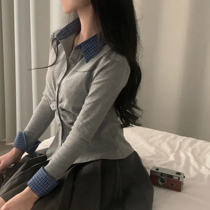 [일체형!/말라핏] 레이디 체크 셔링 레이어드 롱슬리브 버튼 긴팔티셔츠 - 4color 상세 이미지 12