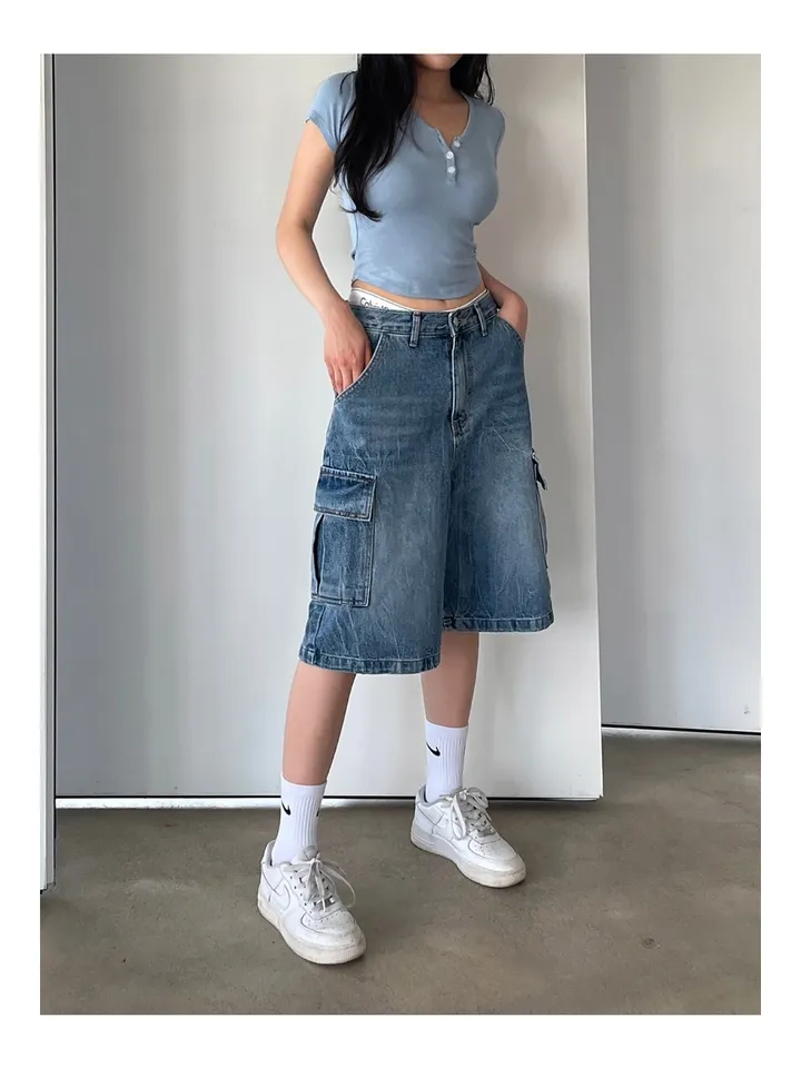 [UNISEX] 카고 데님 청 워싱 버뮤다 반바지 팬츠 (2color) 상세 이미지 12