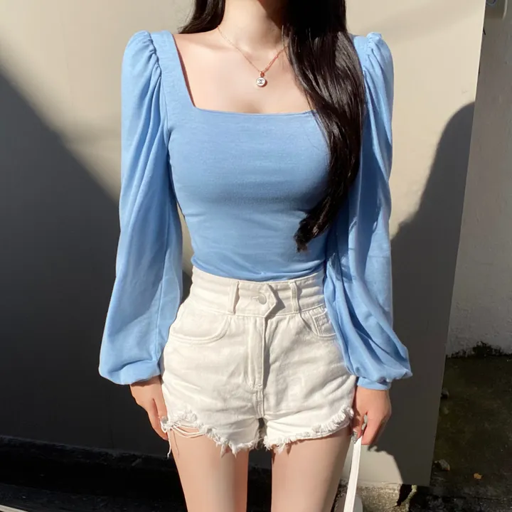 [내가 찾던 그 핏!/ -3kg보장] 4컬러 증명사진룩 군살쏙 셔링 스퀘어넥 퍼프 벌룬 긴팔 티셔츠 가을히트 청순 여리 쫀쫀 기본 베이직 이너티 상세 이미지 5
