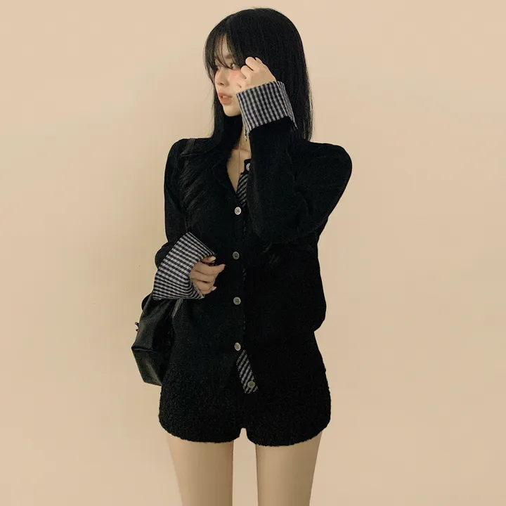 [긱시크룩] 빈티지 롤업 체크셔츠 페이크 레이어드 비스코스 배색 니트가디건 상세 이미지 4