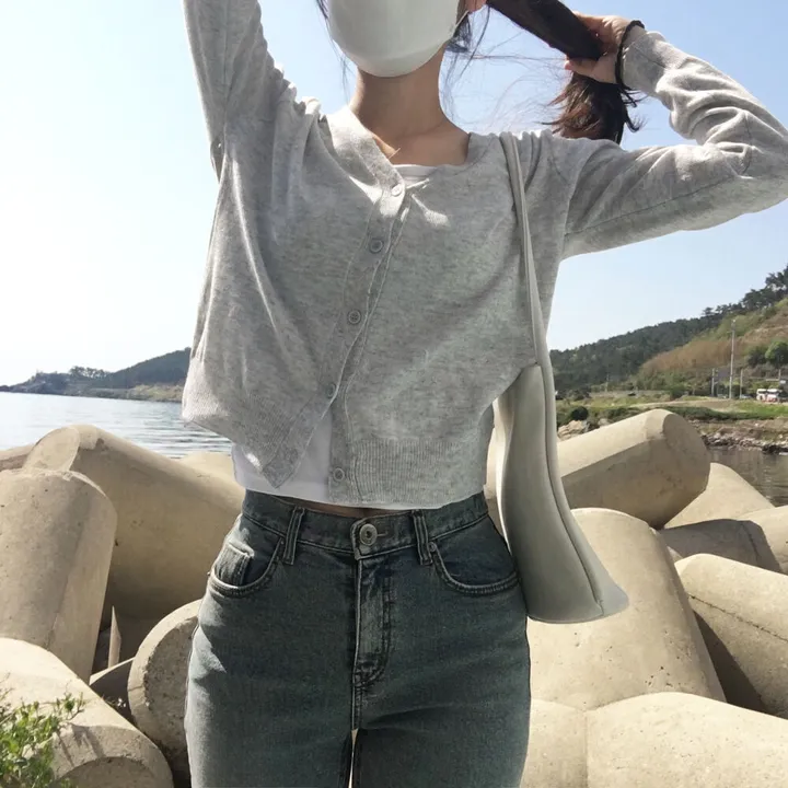 [ 뱀부40% ] 얇은 기본 가디건 / 가벼워요. 여리여리 세미크롭 브이넥 아우터 상세 이미지 7