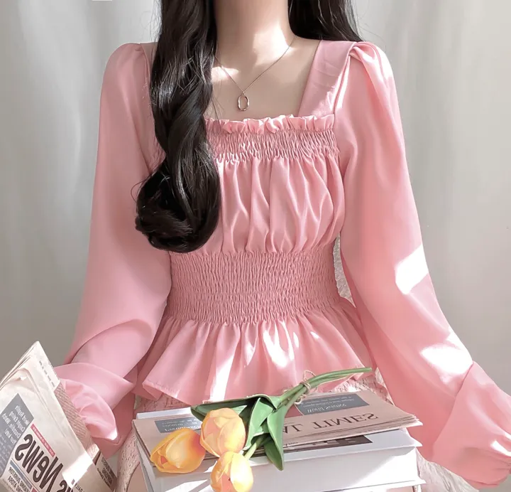 [체형보정/살랑쉬폰] 샤인 스퀘어넥 프릴 셔링 스모크 밴딩 퍼프 블라우스 상세 이미지 24