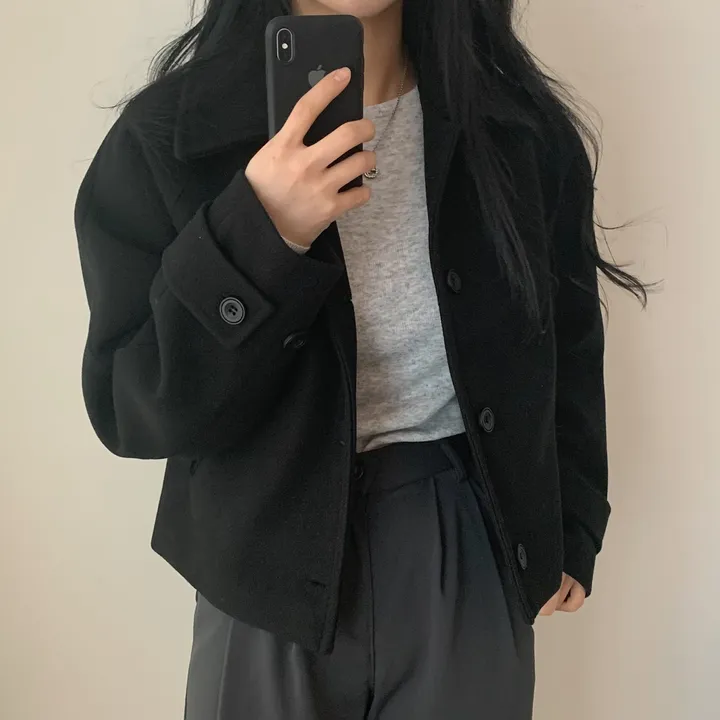 봄가을 크롭재킷 오버핏 아이보리 블랙 싱글버튼 숏코트 상세 이미지 51