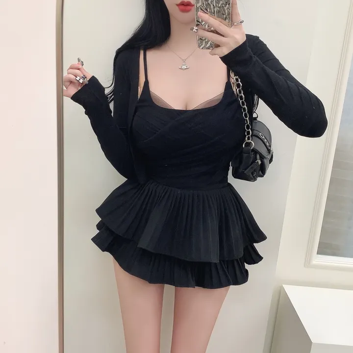 [3COLORS/SET] 더블셔링 레이스 레이어드나시&크롭가디건 세트/버닝블루 상세 이미지 12