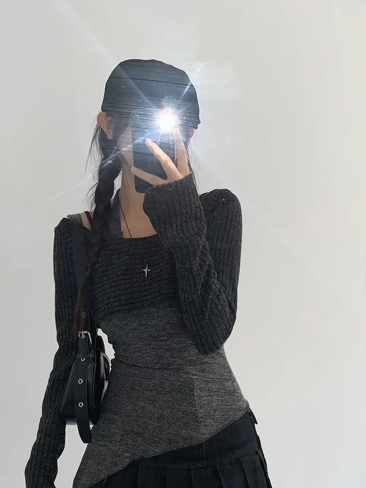 [레이어드세트/몸매보정핏! 뒷모습도완벽🖤 슬림핏 홀터나시 긴팔크롭티 레이어드세트] 리엘사선홀터나시SET 상세 이미지 15