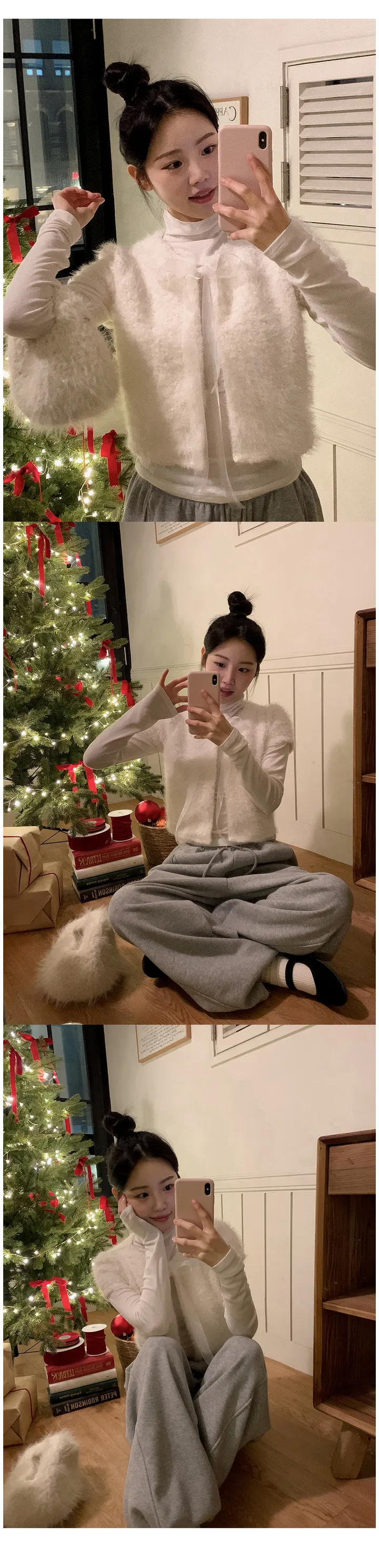 [하객룩][리본탈부착가능][리본 셋트][MADE][자체제작][국내 생산]스노우 시어 쉬폰 리본 퍼 반팔 가디건 (3color) 상세 이미지 23