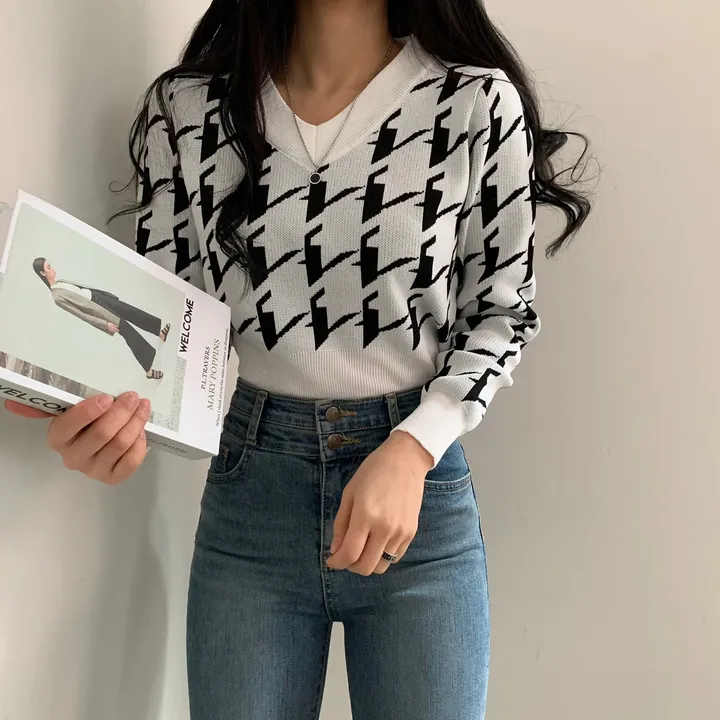 [몸매보정] 잘록한 체크 크롭 브이넥 배색니트;2col 상세 이미지 33