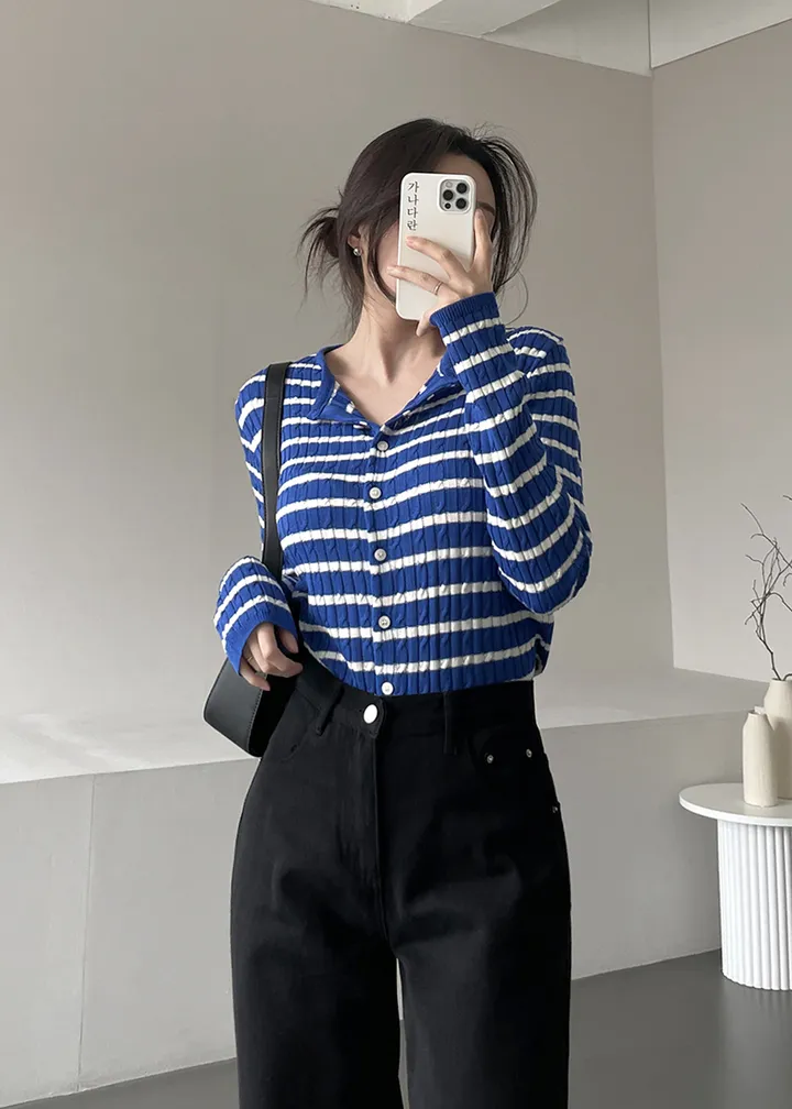 [데일리템💛/쫀쫀스판] 가나다란 리버 스트라이프 단가라 케이블 꽈배기 니트 가디건 4color 상세 이미지 21