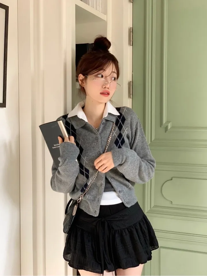[캐시미어가디건ෆ잘록핏]르본 배색 아가일 패턴 잘록 시보리 카라넥 캐시미어 울니트 버튼 가디건 4color 상세 이미지 21