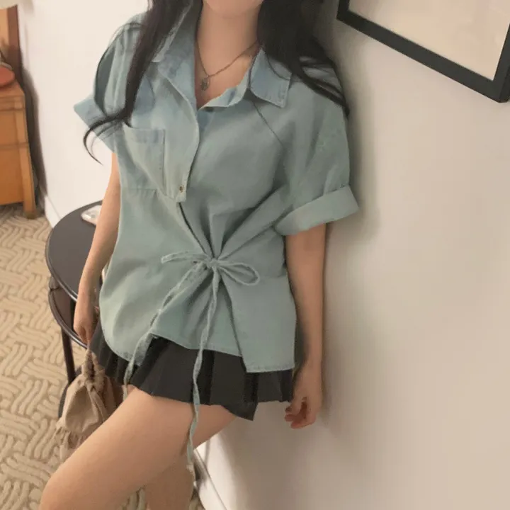 [단독판매🤍/리본포인트!] 데님 사이드 리본 포인트, 루즈핏 카라셔츠 남방 - 2color 상세 이미지 5