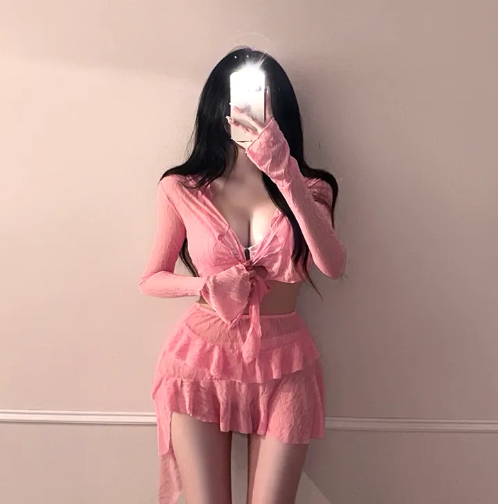 [최저가!!/리얼핏보장/4pcs] 여리 커버업 세트 섹시 글램 비키니 캉캉 스커트 + 크롭 리본 가디건 수영복 비치웨어 모노키니 휴양지룩 호캉스 바캉스룩 해외여행 청순 분위기 여신 상세 이미지 2