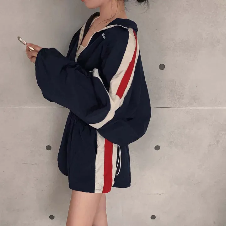 [✨2천장돌파✨]최애핏, 바스락 오버핏 바람막이 배색 집업 반바지 트레이닝 투피스 세트 상세 이미지 15