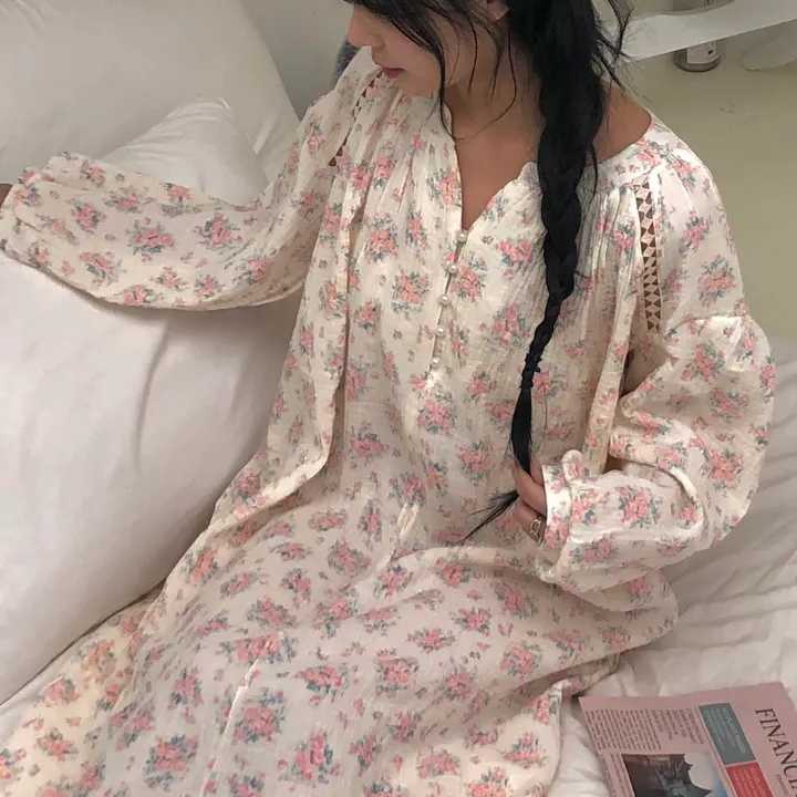 [❤️당일/55~88❤️] 플라워 원피스잠옷 요루면 홈웨어  공주풍 롱드레스 상세 이미지 10