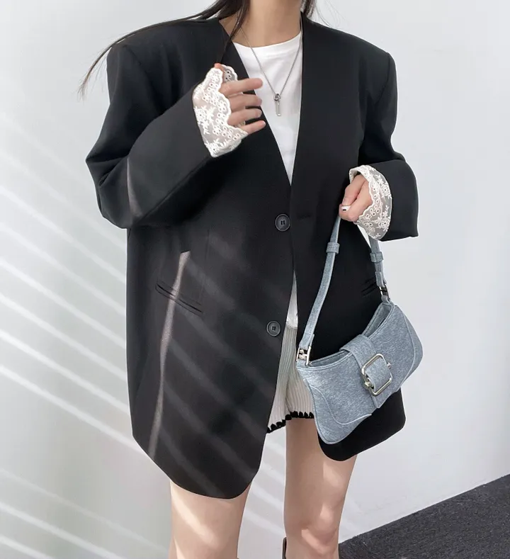 *핏대박레이스자켓* 봄옷 자켓 오버핏 레이어드 레이스 노카라 자켓 박시핏 봄아우터 봄자켓 레이스자켓 상세 이미지 12