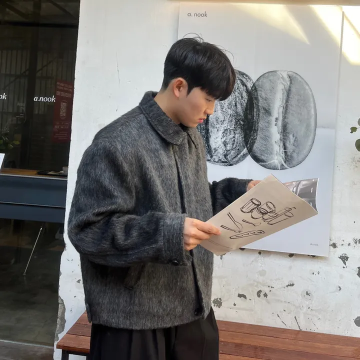 [캐주얼] 배색 남자 커플 오버핏 부클 털 모헤어 울 숏 하프 반 크롭 코트 점퍼 자켓 상세 이미지 18