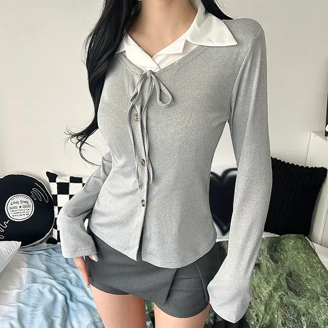 [일체형/모던룩/2col] 신디 일체형 슬림핏 레이어드 셔츠 가디건 / 카라넥 / 리본가디건 / 레이어드티셔츠 / 페이크셔츠 / 긱시크 / 브이넥 / 셔츠니트 / 코디완성 / 강추 상세 이미지 23