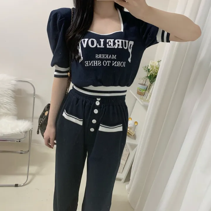 🚀당일발송🚀[세트가격/핏예술-!] 페니 배색 스퀘어넥 레터링 퍼프 시보리 반팔 + 밴딩 버튼 롱 와이드 팬츠 투피스 세트 2color 상세 이미지 4