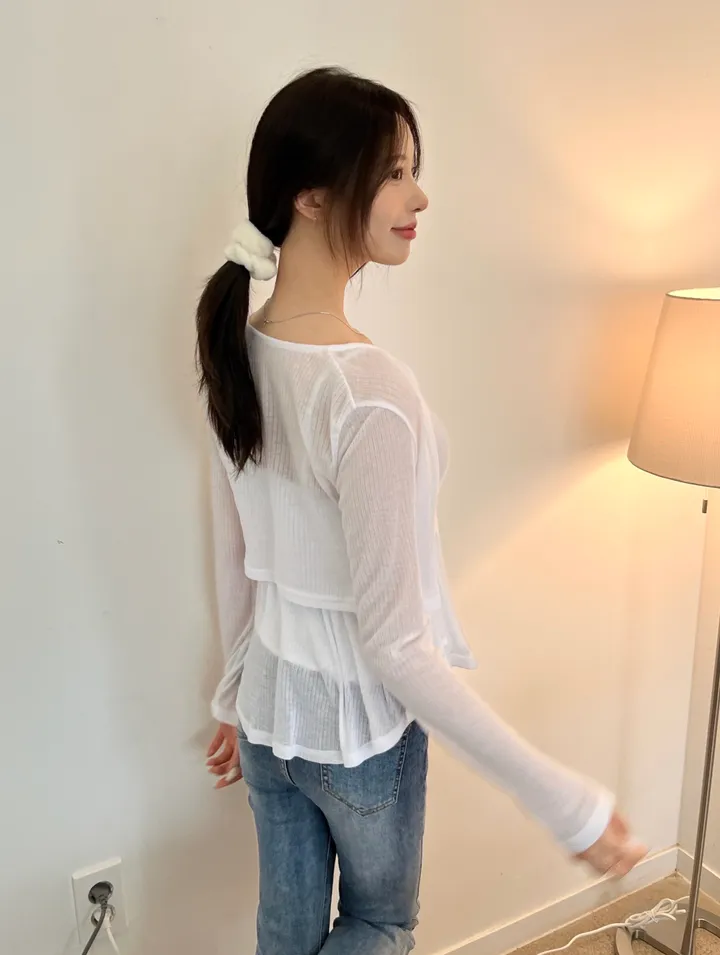 [여리여리핏/가디건set🤍] 리본 셔링 프릴 끈나시 레이어드 가디건 세트 상세 이미지 8