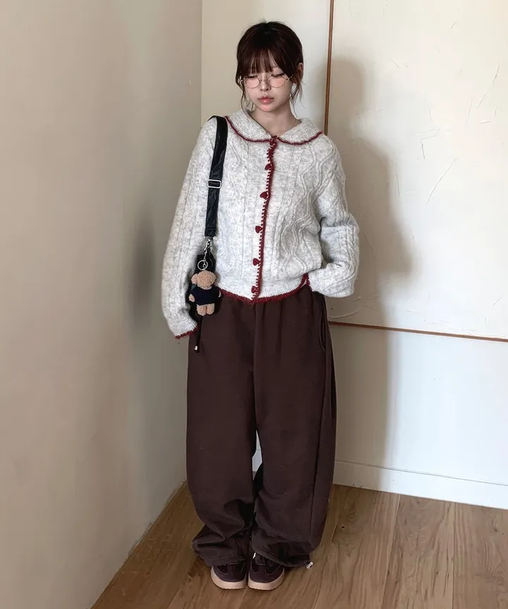 [MD추천✨러블리] 우토 하트 단추 카라 배색 니트 가디건 봄 가을 / 니트가디건 가디건 봄가디건 아우터 바람막이 청자켓 뮤잉 상세 이미지 3