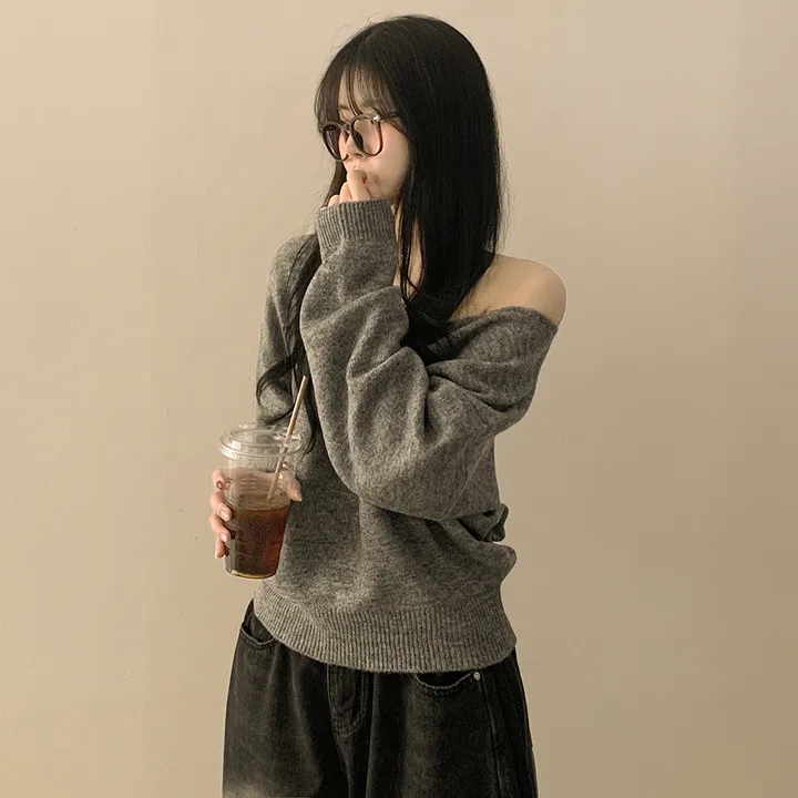 [청순힙✨폭닥] 흐르는 여리핏, 보트 브이넥 오버핏 원오프숄더 아방핏 긴팔니트 빅사이즈 상세 이미지 22