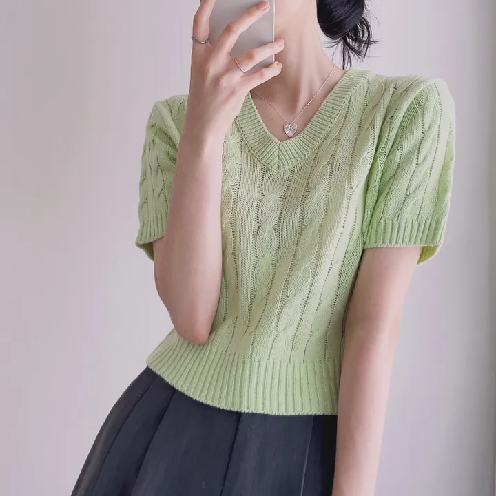 (6color/최저가 보장!) 실물보장! 색감에 반한, 마카롱 꽈배기 브이넥 크롭 반팔 니트 상세 이미지 26
