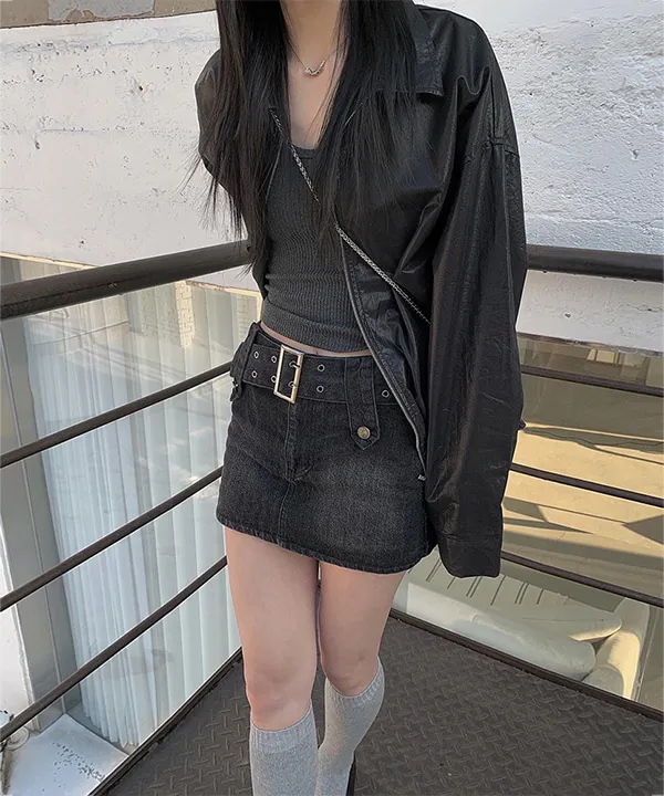 릴즈 워싱 벨트 청 미니스커트