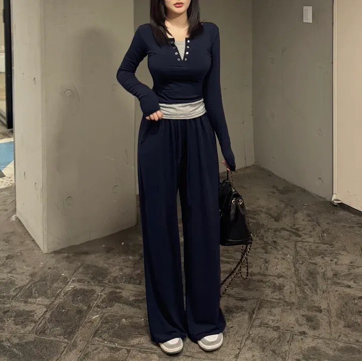 [시원찰랑💕/세트가격] 배색 레이어드 티셔츠 찰랑 와이드팬츠 세트 상세 이미지 7