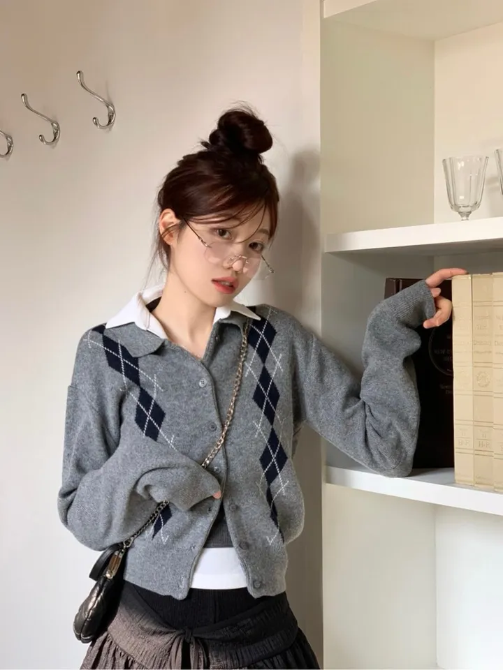 [캐시미어가디건ෆ잘록핏]르본 배색 아가일 패턴 잘록 시보리 카라넥 캐시미어 울니트 버튼 가디건 4color 상세 이미지 25
