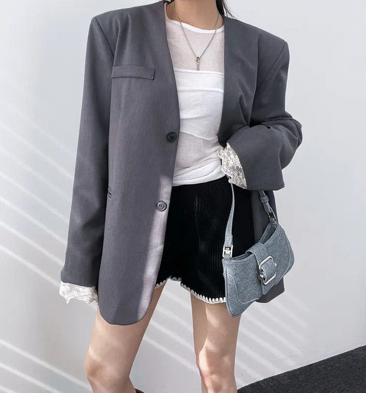 *핏대박레이스자켓* 봄옷 자켓 오버핏 레이어드 레이스 노카라 자켓 박시핏 봄아우터 봄자켓 레이스자켓 상세 이미지 35