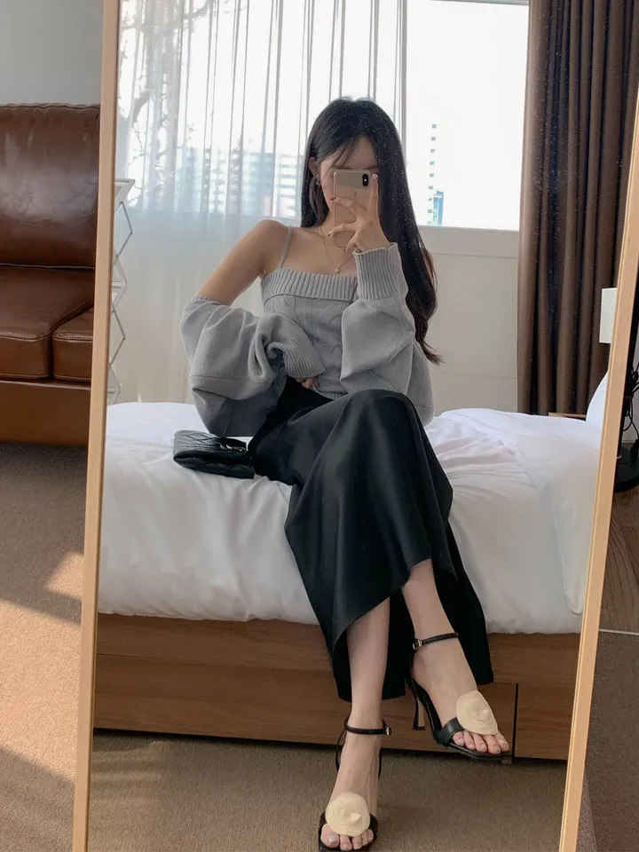 [찐애정템ㅠ고퀄버전*나시볼레로setෆ부유방삭제핏] 빈츠 꽈배기 끈나시 + 루즈핏 긴팔 볼레로 세트 니트 탑 나시 크롭 볼레로 가디건 스판 긴팔 투피스 세트 봄 가을 데일리룩 데이트 상세 이미지 40