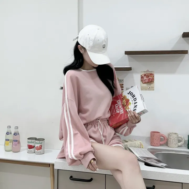 💜원조💜*당일배송* [세트가격!/체형커버] 솜사탕 망고 두줄 입술넥 오버핏 맨투맨 + 돌핀 숏팬츠 트레이닝 투피스 세트 #4colors 상세 이미지 9