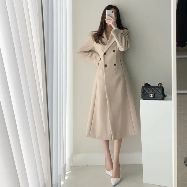 A라인 슬림 롱 플레어 더블 버튼 울코트 블랙 베이지 상세 이미지 36