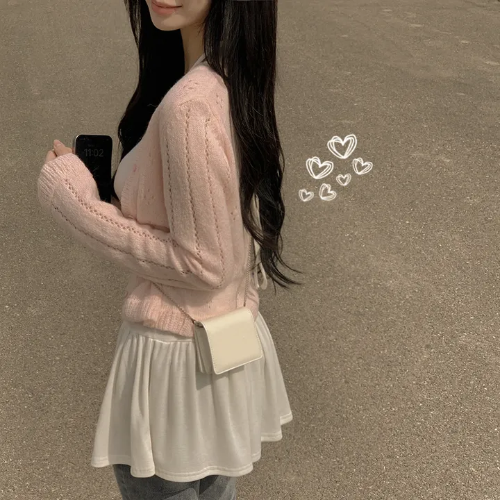 [벚꽃룩🌸/울함유] 펀칭 플라워 물결 크롭 니트 봄 딸기우유 여름가디건 상세 이미지 3
