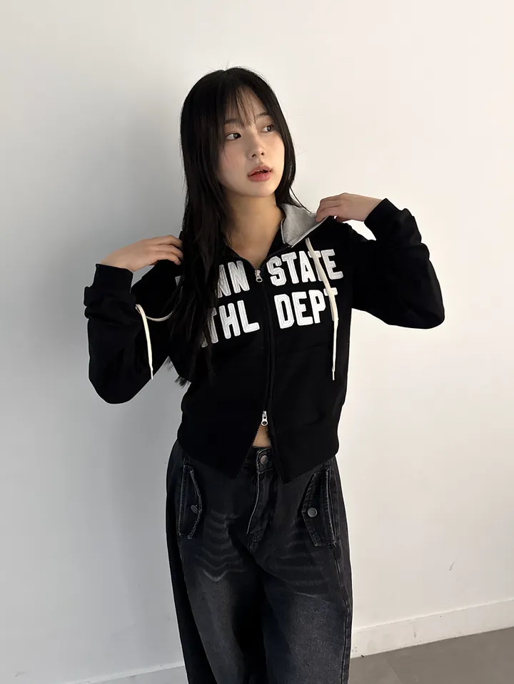 [허리잘록] 스테이트 자수 패치 배색 후드 집업 - 4color 상세 이미지 19