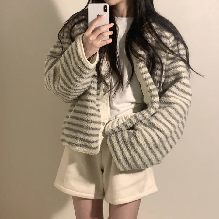 [봄신상/아방뽀글이] reversible fleece stripe snap button jacket 상세 이미지 9