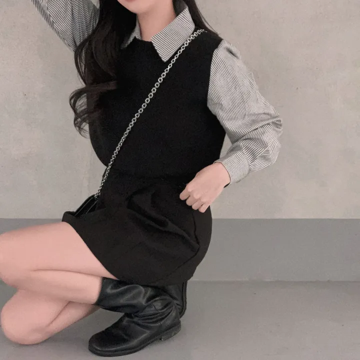 [단독/일체형!/✨주문폭주✨]올인원 쓰리버튼 레이어드 일체형 스트라이프 셔츠+니트조끼 상세 이미지 11