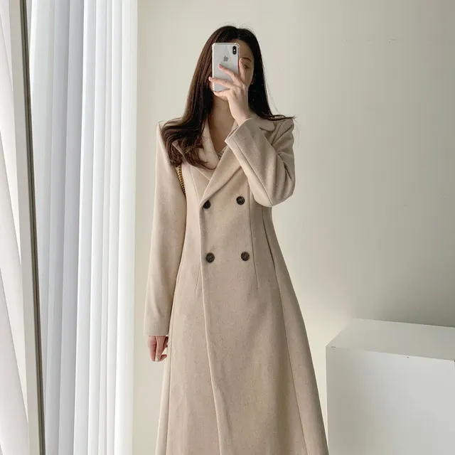 A라인 슬림 롱 플레어 더블 버튼 울코트 블랙 베이지 상세 이미지 41