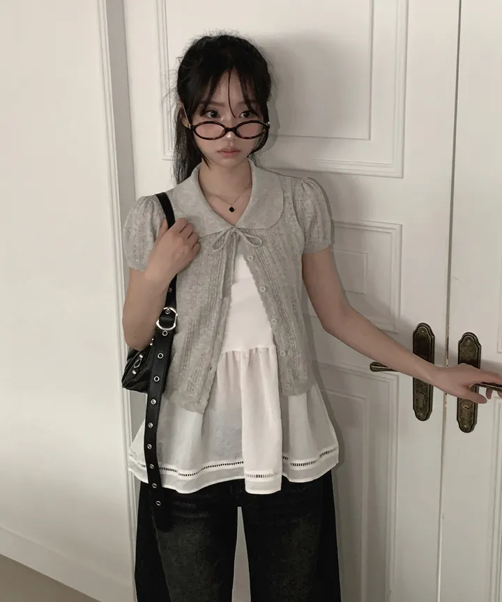 [러블리🌷반팔가디건] 게일 둥근 카라 리본 스트랩 크롭 반팔 가디건 봄 여름 가을 / 여름가디건 남방 크롭티 반팔티 흰티 이너티 아우터 뮤잉 상세 이미지 6