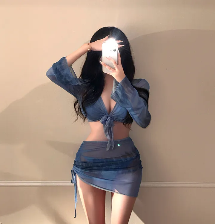 [최저가!!/군살커버/핏보장] 4pcs 세트 섹시 글램 커버업 셔링 랩스커트 여리핏 크롭 볼레로 가디건 투피스 리본 스트랩 수영복 비치웨어 물나염 슬림 휴양지 인생샷 유니크 상세 이미지 5