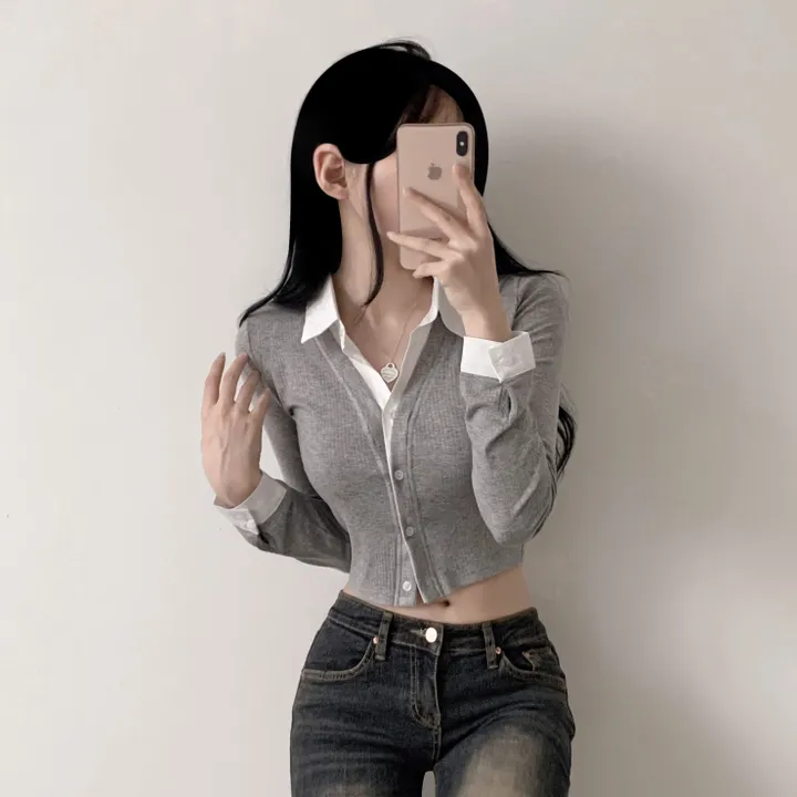 [일체형/하이틴무드] 하이틴 영화 여주인공 골지 가디건 + 크롭셔츠 일체형 레이어드 긴팔 티셔츠 상세 이미지 7