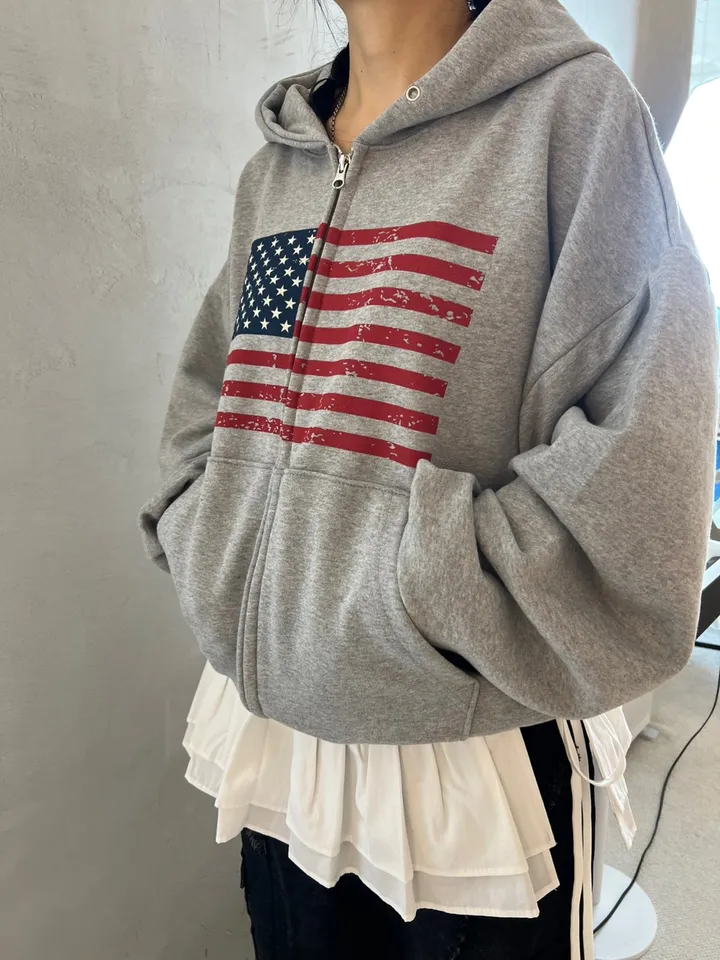 [UNISEX] 크롭 성조기 쭈리 후드집업 워싱 자수 트러커 자켓 벌룬 호피팬츠 스트라이프티 단가라 오버핏 데일리룩  빈티지 루즈핏 빅사이즈 후드티 맨투맨 피그먼트 남여공용 신상 상세 이미지 2