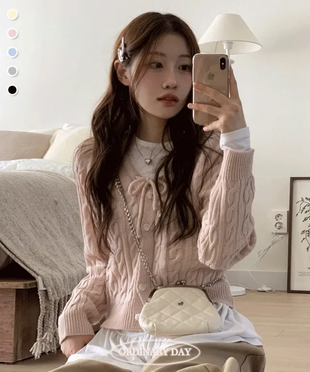 [리본스트랩ෆ]레이플 무드 루즈 여리핏 꽈배기 케이블 니트 리본 가디건 5color 상세 이미지 6