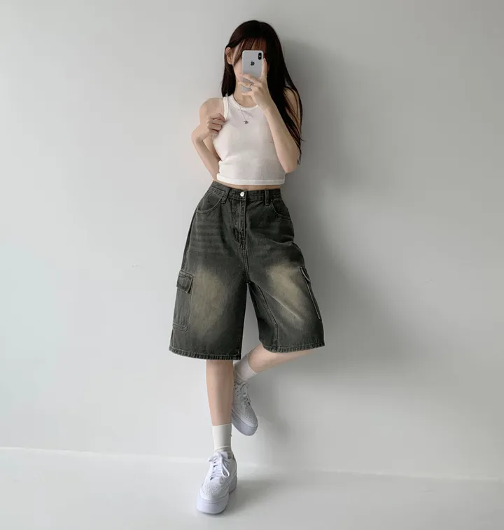 후기극찬![핏보장❤︎/힙무드/~XL] 이브닝 빈티지 힙 워싱 하이웨스트 와이드 카고 하프 버뮤다 5부 청 반바지 데님 팬츠 빅사이즈 상세 이미지 30