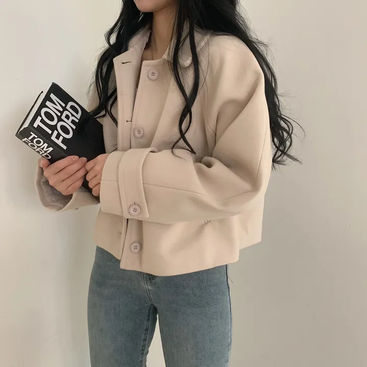 봄가을 크롭재킷 오버핏 아이보리 블랙 싱글버튼 숏코트 상세 이미지 34