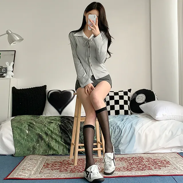 [일체형/모던룩/2col] 신디 일체형 슬림핏 레이어드 셔츠 가디건 / 카라넥 / 리본가디건 / 레이어드티셔츠 / 페이크셔츠 / 긱시크 / 브이넥 / 셔츠니트 / 코디완성 / 강추 상세 이미지 33