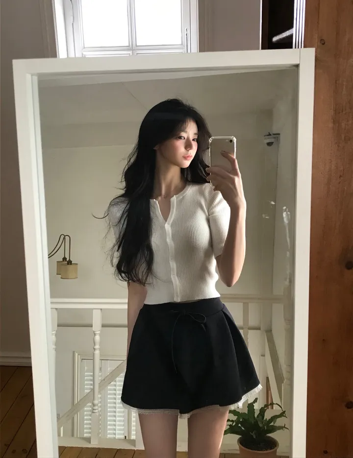 제티 브이넥 단추 반팔 가디건 상세 이미지 15