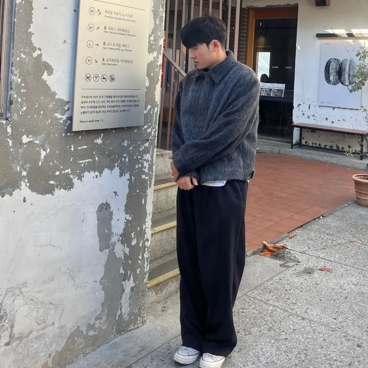 [캐주얼] 배색 남자 커플 오버핏 부클 털 모헤어 울 숏 하프 반 크롭 코트 점퍼 자켓 상세 이미지 24