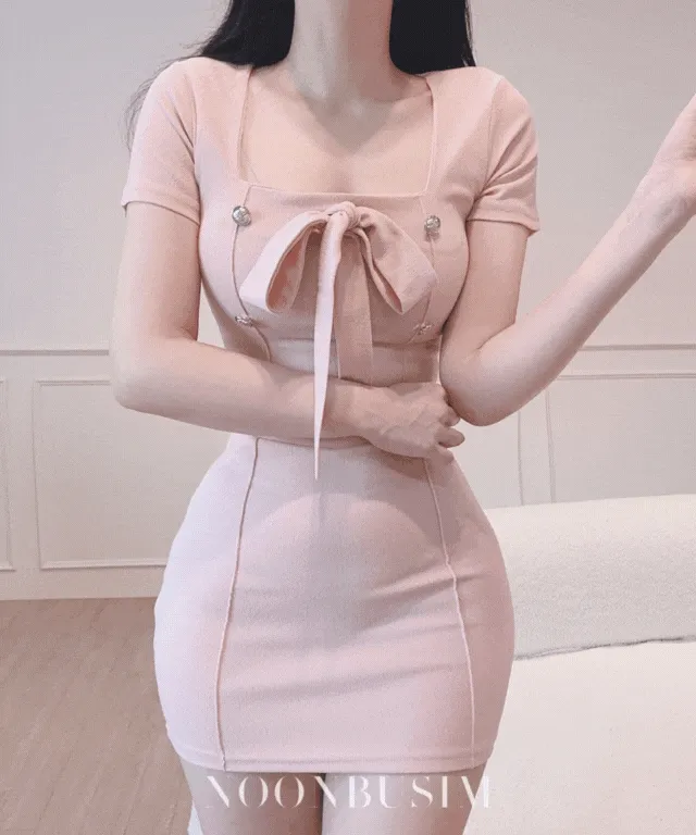 ᰔ첫눈에반함ᰔ 라보 스퀘어넥 리본 반팔 크롭 + H라인 미니스커트 투피스 세트 (2colors) 상세 이미지 2