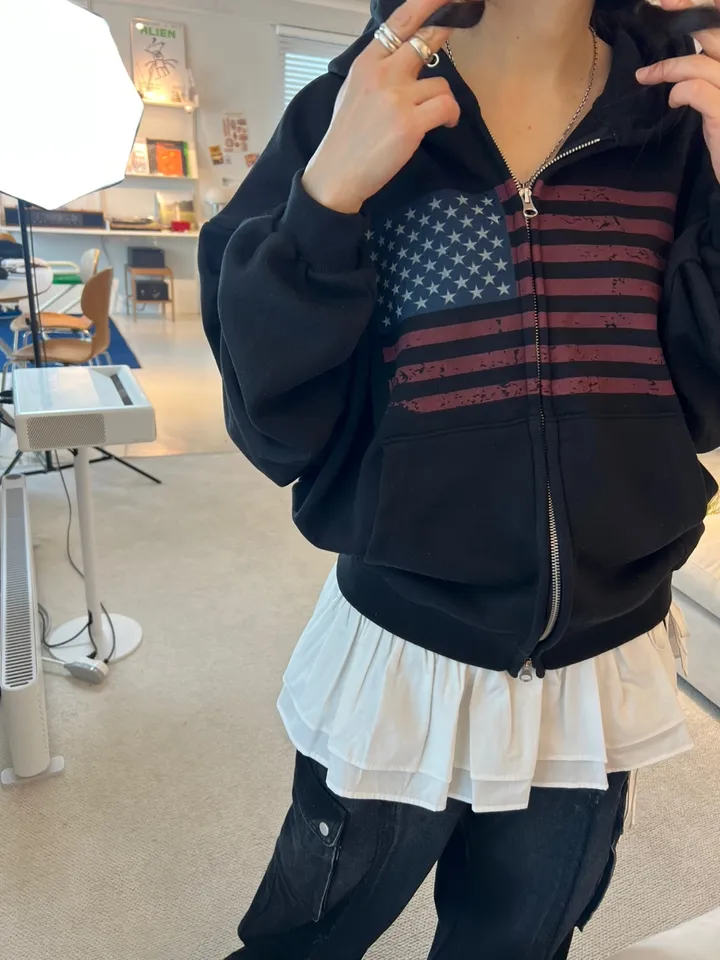 [UNISEX] 크롭 성조기 쭈리 후드집업 워싱 자수 트러커 자켓 벌룬 호피팬츠 스트라이프티 단가라 오버핏 데일리룩  빈티지 루즈핏 빅사이즈 후드티 맨투맨 피그먼트 남여공용 신상 상세 이미지 9